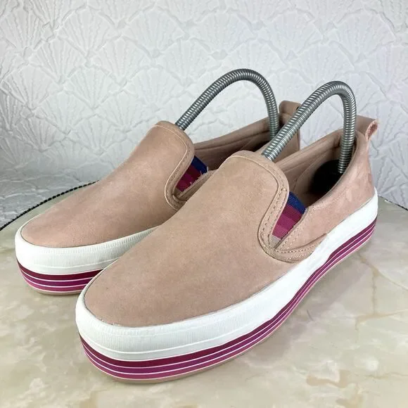 Sperry Shoes Womens 7 Pink Stripes Suede Crest Twin Gore Boat Platform Loafers - Picture 5 of 12